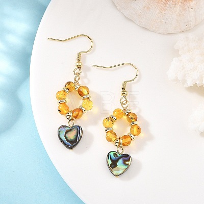Heart Natural Amber & Abalone Shell/Paua Shell Dangle Earrings EJEW-JE07358-02-1
