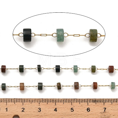 Handmade 304 Stainless Steel Indian Agate Beads Flat Round Link Chains CHS-B011-05G-02-1