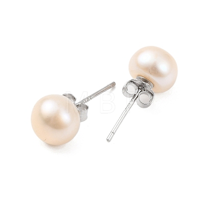Natural Pearl Round Bead Stud Earrings EJEW-E298-01D-02P-1