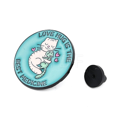 Flat Round with Cat & Word Love Hug Is The Best Medicine Enamel Pins JEWB-Q014-02A-1