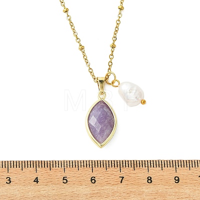 Natural Lepidolite Faceted Horse Eye & Natural Pearl Pendant 304 Stainless Steel Satellite Chain Necklaces for Women NJEW-JN06057-02-1