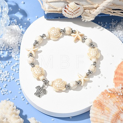 2Pcs 2 Colors Starfish & Turtle Dyed Synthetic Turquoise Beaded Stretch Bracelet Sets BJEW-JB10925-1