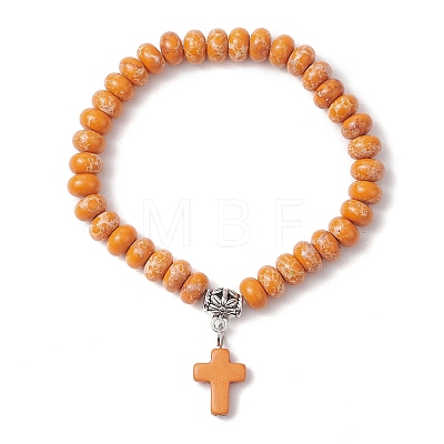 Synthetic Imperial Jasper Beads & Turquoise Cross Stretch Bracelets for Women Men BJEW-JB11382-1