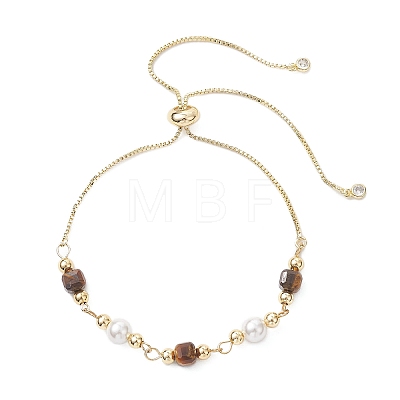Natural Tiger Eye Cube & Shell Pearl Round Beads Link Bracelets BJEW-JB12907-01-1