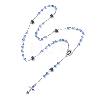 Round Natural Lapis Lazuli and Glass Rosary Bead Necklaces NJEW-JN05717-1