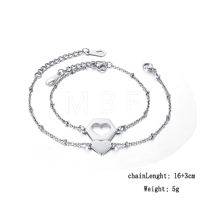 2Pcs Stainless Steel Hollow Hexagon & Heart-shaped Link Bracelet Set QD0296-1