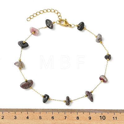 Natural Mixed Stone Chip Beads 316 Surgical Stainless Steel Handmade Link Chain Anklets for Women AJEW-AN00792-1