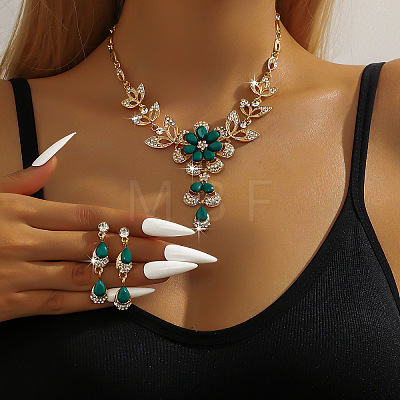 Flower Alloy Rhinestone Pendant Necklaces & Teardrop Stud Dangle Earrings Sets FS-WG19EE6-03-1