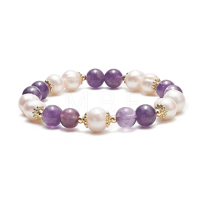 Natural Amethyst & Pearl Round Beaded Stretch Bracelet for Women BJEW-JB09246-01-1