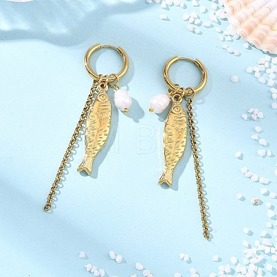 Natural Cultured Freshwater Pearl & 304 Stainless Steel Fish Charm Dangle Earrings for Women EJEW-JE07142-1