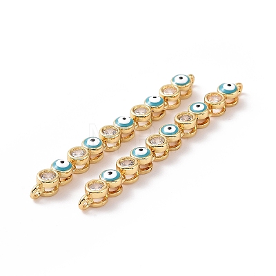 Flat Round with Evil Eye Pattern Brass Micro Pave Clear Cubic Zirconia Enamel Connector Charms KK-G435-44G-03-1