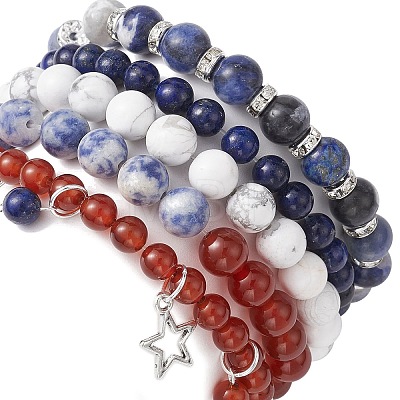 5Pcs 5 Style Natural Mixed Gemstone Round Beaded Stretch Bracelets Set BJEW-TA00435-1