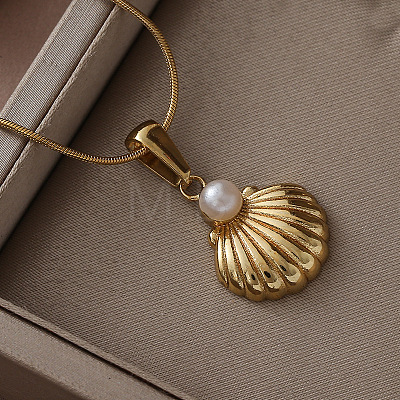 316 Surgical Stainless Steel with Imitation Pearl Shell Shape Pendant Necklaces for Women MG3658-1