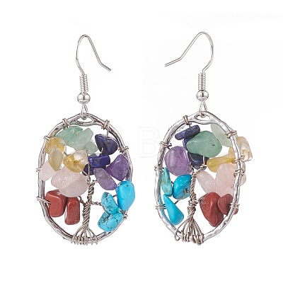 Natural & Synthetic Mixed Gemstone Chips Oval with Tree of Life Dangle Earrings EJEW-JE04880-02-1