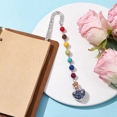 7 Chakra Gemstone Bead & Natural Lapis Lazuli Glass Heart Wishing Bottle Pendant Bookmarks AJEW-JK00313-07-1