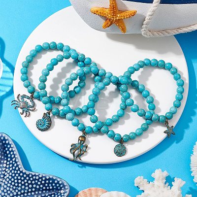 5Pcs Synthetic Turquoise Beads Stretch Bracelet Sets BJEW-JB10970-1