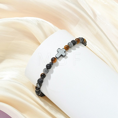 Natural Lava Rock & Tiger Eye & Synthetic Non-magnetic Hematite Beaded Stretch Bracelets for Women Men BJEW-JB13943-1
