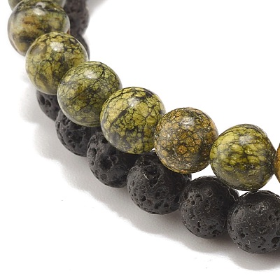 2Pcs 2 Style Natural Serpentine/Green Lace & Lava Rock Round Beaded Stretch Bracelets Set with Column Synthetic Hematite BJEW-JB07575-1