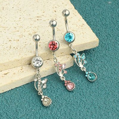 304 Stainless Steel Cubic Zirconia Teardrop Dangle Belly Rings WG60E11-01-1