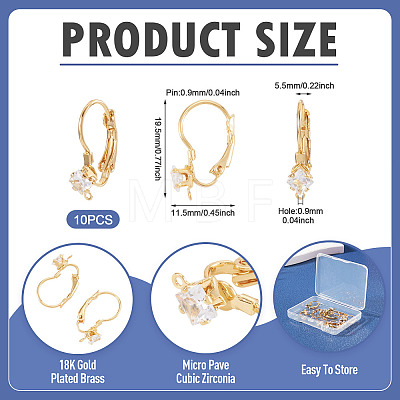 10Pcs Square Brass Micro Pave Clear Cubic Zirconia Leverback Earring Findings KK-TADJ0001-19-1