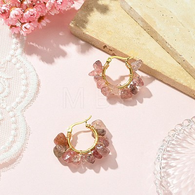 Natural Strawberry Quartz Chips Braided Hoop Earrings EJEW-JE04940-23-1