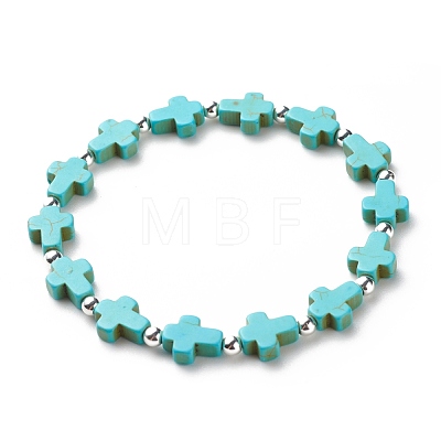 Synthetic Turquoise(Dyed) Cross Beaded Stretch Bracelet BJEW-JB08450-02-1