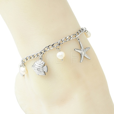 Ocean Natural Pearl & 304 Stainless Steel Starfish Sea Horse Shell Shape Charm Anklets for Women AJEW-AN00826-02-1