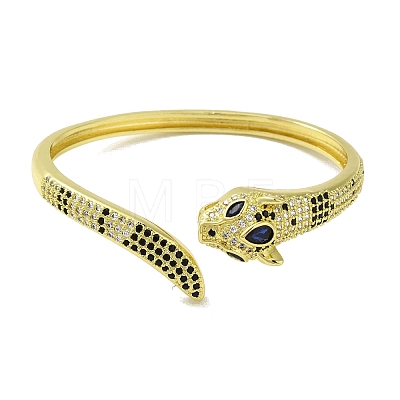 Brass Pave Blue & Clear Cubic Zirconia Leopard Open Cuff Bangle for Women BJEW-K246-09G-1