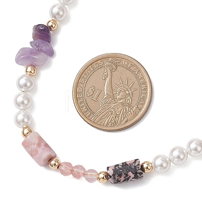 Round Cherry Quartz Glass & Natural Amethyst Chip & Rhodonite Baeded Necklaces for Women NJEW-JN05634-1