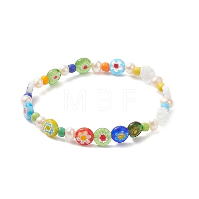 2Pcs 2 Style Natural Pearl & Lampwork Flower & Glass Seed Beaded Stretch Bracelets Set for Women BJEW-JB09101-1