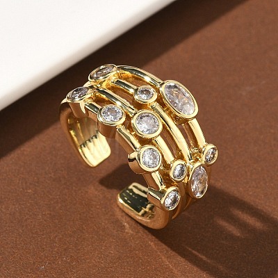 Brass Micro Pave Cubic Zirconia Cuff Open Rings RJEW-C158-02G-1