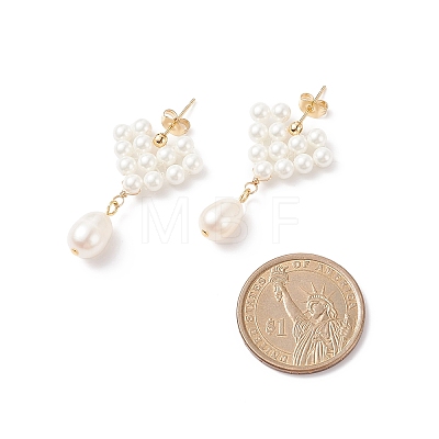 Shell Pearl Heart with Long Tassel Dangle Stud Earrings EJEW-TA00123-1