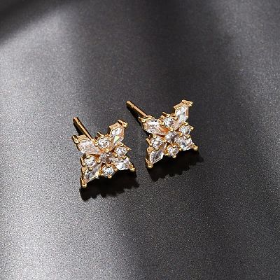 Brass Micro Pave Clear Cubic Zirconia Stud Earrings for Women EJEW-F418-18G-1