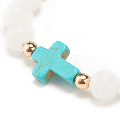 Natural White Jade & Howlite & Synthetic Turquoise(Dyed) Stretch Bracelet with Cross BJEW-JB08295-03-1