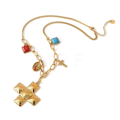 Religion 304 Stainless Steel Textured Cross and Resin Imitattion Turquoise Square Pendant Necklaces for Women NJEW-F380-01G-1