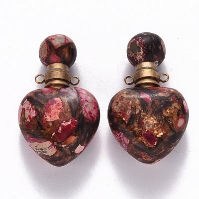 Heart Assembled Natural Bronzite and Synthetic Imperial Jasper Openable Perfume Bottle Pendants G-R484-01D-1