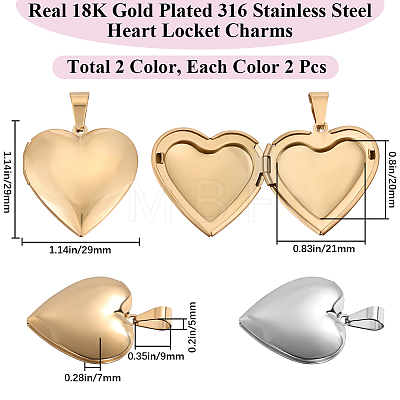 Beebeecraft 4Pcs 2 Colors 316 Surgical Stainless Steel Locket Pendants STAS-BBC0005-06-1