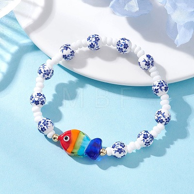 Handmade Flower Printed Porcelain Ceramic Glass Beaded Bracelets for Women BJEW-MZ00292-1
