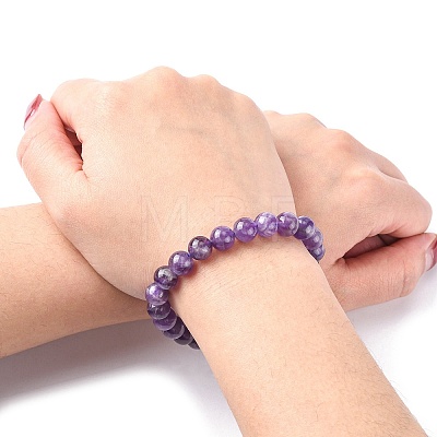 Natural Amethyst Round Beaded Stretch Bracelet X-BJEW-F293-04A-1