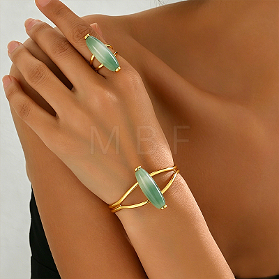Bohemian Style Horse Eye Natural Agate & Metal Cuff Bangle & Ring Set for Women Party and Evening Wear ZI1822-2-1