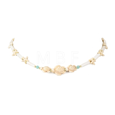 Summer Beach Dyed Synthetic Turquoise Starfish Turtle & Natural Shell Column Graduated Beaded Necklaces with Natural Amazonite Faceted Round Beads NJEW-JN06601-01-1