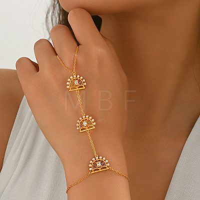 Brass Pave Clear Cubic Zirconia Hollow Fan Hand Chain Ring Bracelets with Imitation Pearl for Women EH6679-1