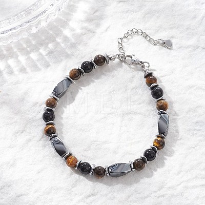 Natural Tiger Eye & Eyeless Obsidian & Synthetic Non-Magnetic Hematite Beaded Bracelets for Women BJEW-JB12941-01-1