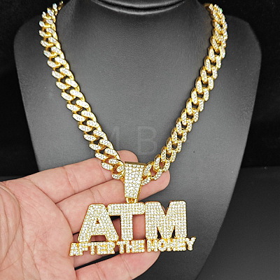 Hiphop Style Zinc Alloy Full Crystal Rhinestone Letter ATM After The Money Pendant Cuban Link Chain Necklaces for Men WG47302-01-1