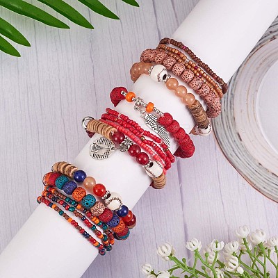 5Pcs 5 Style Wood & Glass Seed & Acrylic Beaded Stretch Bracelets Set with Baseball JB709B-1