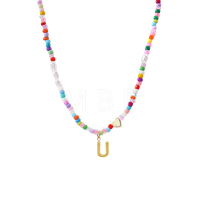 Colorful Beaded Heart Letter Necklace with Pearl Elements Stainless Steel Pendant Jewelry TR2146-21-1