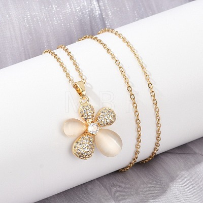 Flower Brass Micro Pave Cubic Zirconia Pendant Neckalces for Women NJEW-C076-05G-1