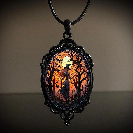 Oval Gothic Alloy Glass Halloween Pendant Necklaces for Women FS-WG73C21-03-1