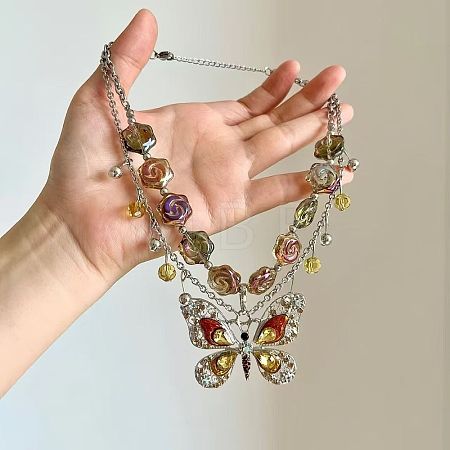 Brass Rhinestone Butterfly Pendant Rose Flower Glass Beaded Double Layer Necklaces for Women WG13E12-01-1