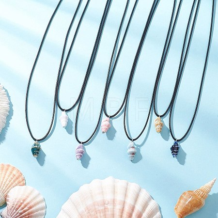 Handmade Porcelain Shell Shaped Pendant Black Waxed Cotton Cord Necklaces NJEW-JN05271-1